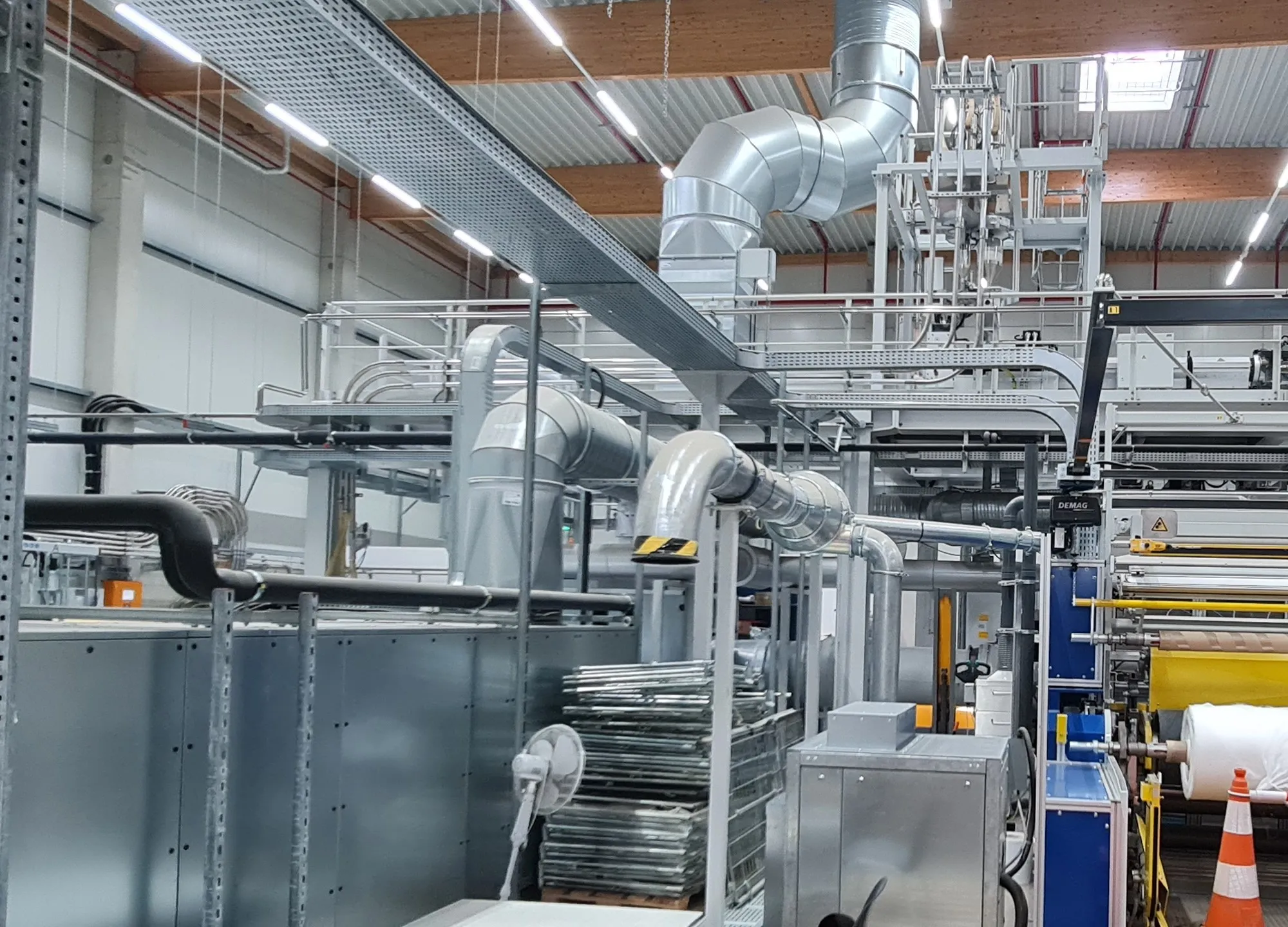 View along the line: dosing platform, ducting and winder section