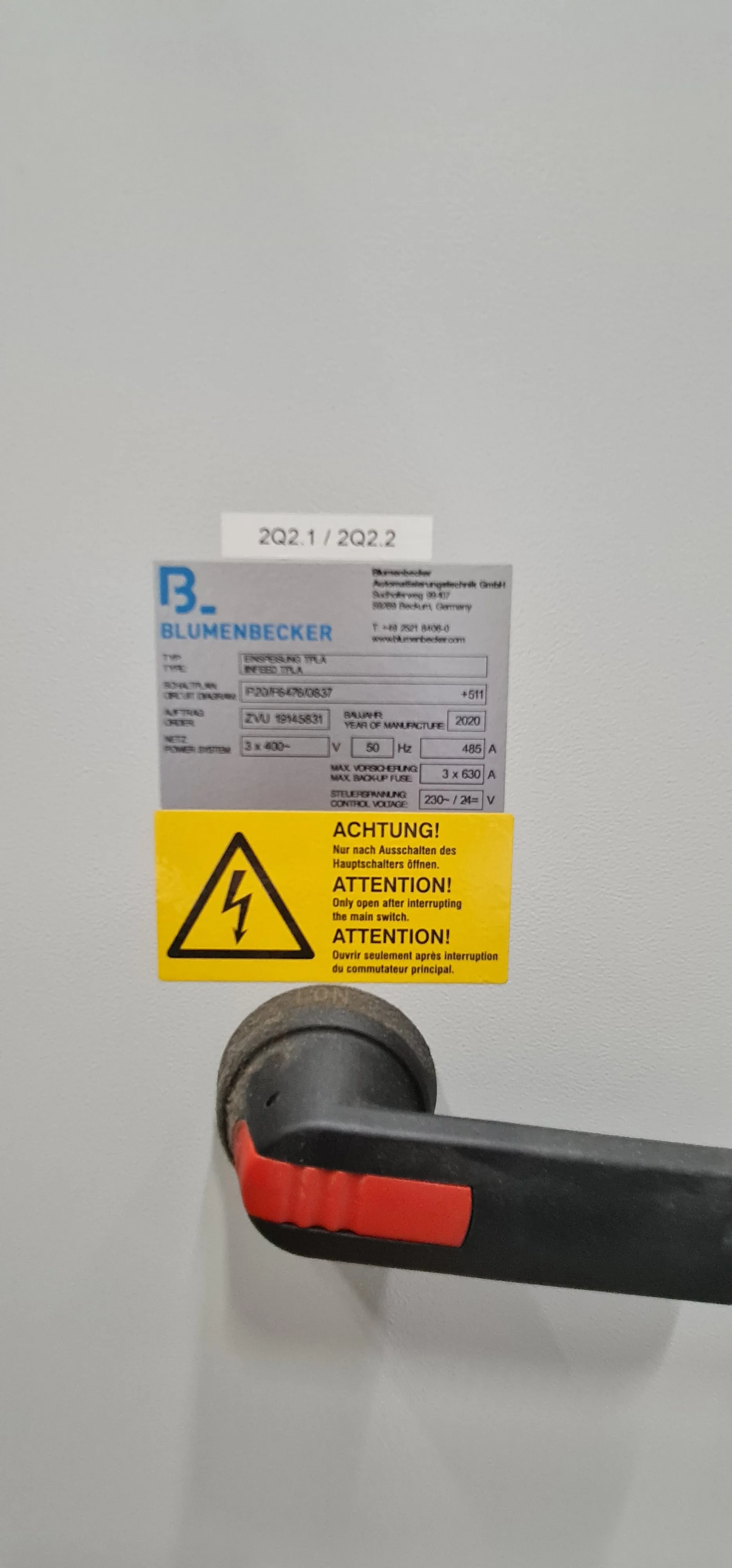 Blumenbecker main switch cabinet: nameplate and isolator handle