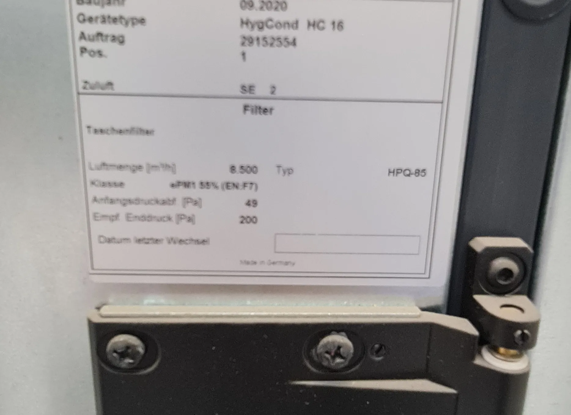 Berliner Luft air handling unit, filter plate: HygCond HC 16, 8,500 m³/h
